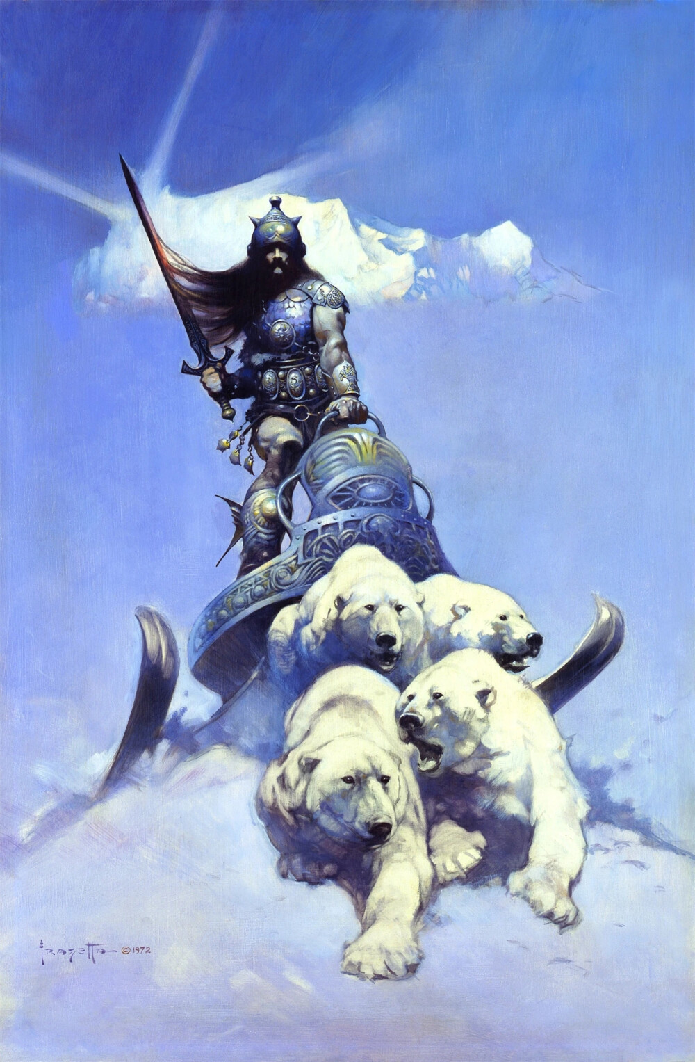 弗兰克·弗雷泽塔（Frank Frazetta）生于纽约布鲁克林，是一位传奇的漫画家、插画家，亦是奇幻画派（Fantasy Art）的先驱。弗雷泽塔对人体的肌理表现扎实，油画作品生动、充满力度，也有着一种旧日时光的幽雅。作为科幻插图界的巨人，他的画风独树一帜，大气雄浑，影响了无数科幻插画家以及几代科幻迷。