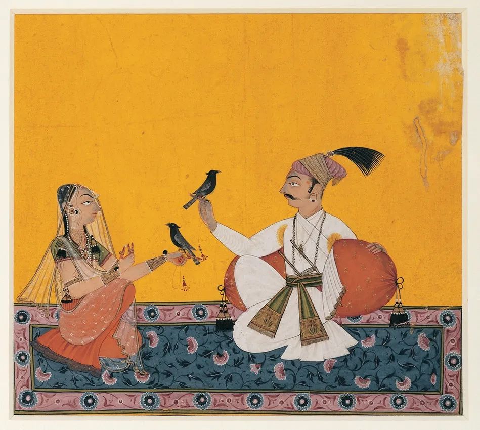 印度北部的拉格玛拉拉杰普特绘画（Ragamala Rajput painting，1700）展示了大量的印度黄用色。