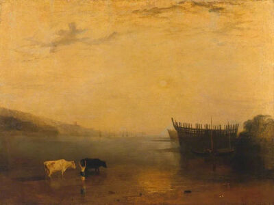 约瑟夫·马洛德·威廉·透纳（J. M. W. Turner）的《廷茅斯》（Teignmouth, 1812）。透纳有众多使用印度黄绘成的画作，这幅画却是唯一一张将牛这一用尿液生产此传奇颜料的动物作为画面主角的作品。