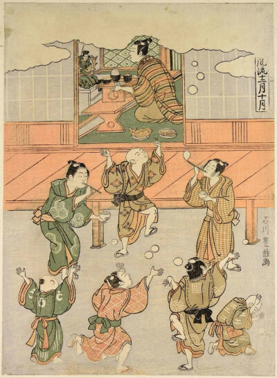 石川丰雅（Toyomasa Ishikawa），一名年轻人在房子里向惠比寿雕像献祭，屋外有七个男孩在吹肥皂泡。© digitalcollections.nypl.org