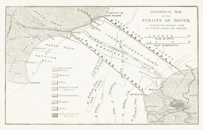 《多佛海峡地质图，显示横穿英吉利海峡的可能露头线》，取自威廉·托普利（William Topley），《多佛海峡的地质》，《科学季刊》（The Quarterly Journal of Science，1872年）。© archive
