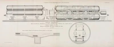 博蒙特上校的空气机车设计，能够在单次充气的情况下通过隧道牵引150吨的列车，这是查尔斯·泰尔登-赖特（Charles Tylden-Wright）《英吉利海峡隧道》论文的插图，刊登于《矿业与机械工程师北部学会》第三十二卷（1882…