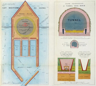 托梅·德加蒙为1867年世界博览会设计的英法国水下隧道图。左上角的黄色圆圈代表一个巨大的螺旋坡道，允许从瓦恩沙洲上的国际人工岛进入隧道。