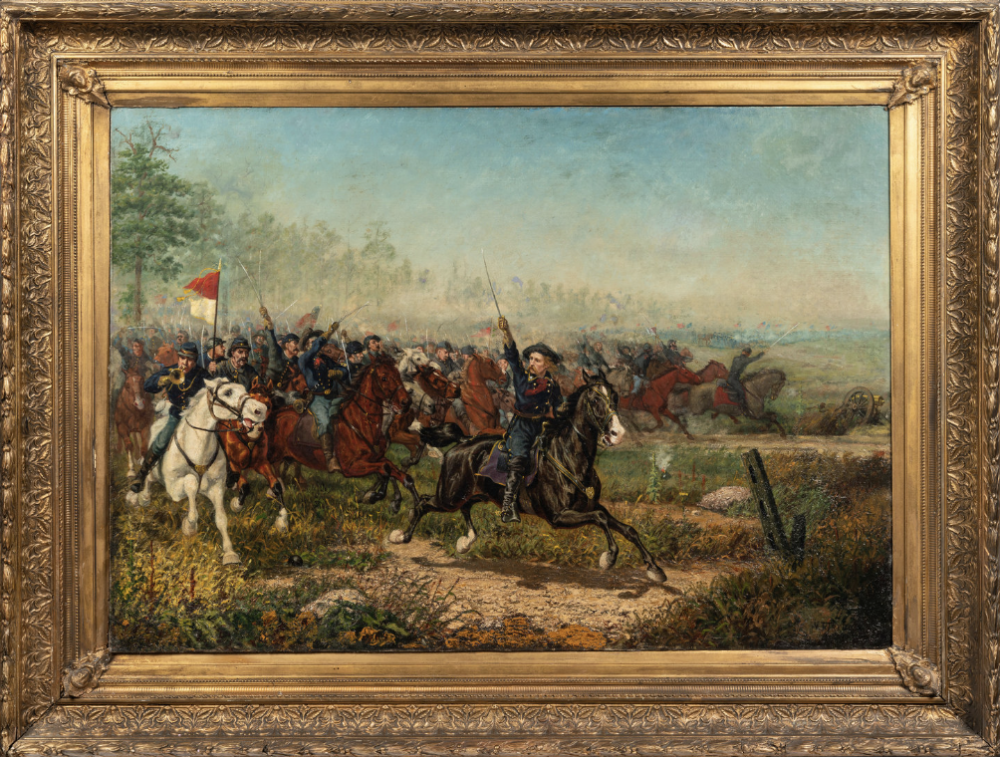 威廉·BT·特雷戈，《卡斯特在温彻斯特的冲锋》(The Charge of Custer at Winchester ) (1879)。这幅画开启了艺术家的职业生涯，并在密歇根州博览会上获奖，但一个多世纪以来它的下落一直无人知晓，直到它出现在拍卖会上，被伊利诺伊州的布卢明顿图书馆出售。照片由芝加哥欣德曼提供。
