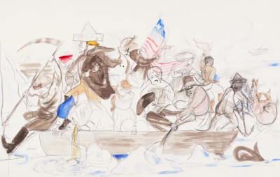 凯拉·沃克（Kara Walker）
《横渡》（The Crossing）
2017年，水彩、炭笔、石墨、画纸
私人收藏
