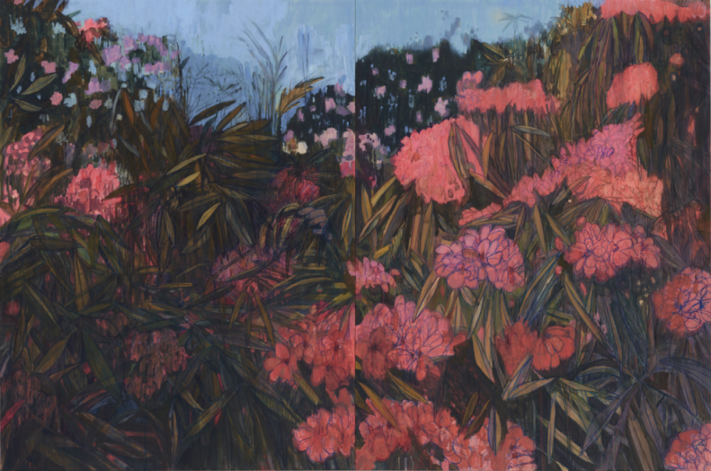 GARDEN GIRL, 2022OIL AND PENCIL ON WOOD PANELS101,6CM X 303.8CM