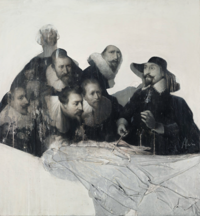 Homenaje a Rembrandt: Clase de anatomía del Dr. Nicolaes Tulp
2017 Mixed media on canvas. 114 x 105 cms
