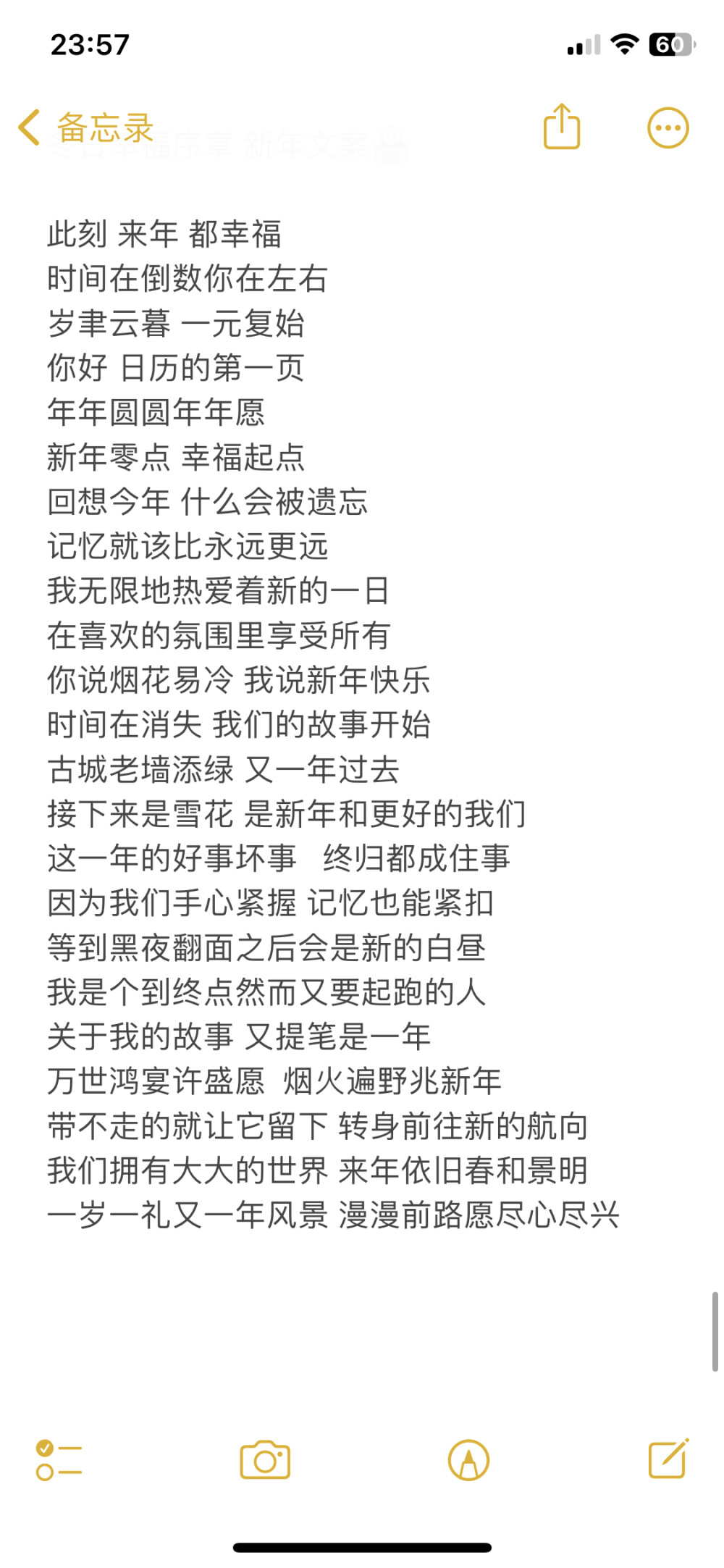 冬日幸福序章?新年文案.
此刻?来年?都幸福
时间在倒数你在左右
岁聿云暮?一元复始
你好?日历的第一页
年年圆圆年年愿
新年零点?幸福起点
回想今年?什么会被遗忘
记忆就该比永远更远
我无限地热爱着新的一日
在喜欢的氛围里享受所有
你说烟花易冷?我说新年快乐
时间在消失?我们的故事开始
古城老墙添绿?又一年过去
接下来是雪花?是新年和更好的我们
这一年的好事坏事???终归都成住事
因为我们手心紧握?记忆也能紧扣
等到黑夜翻面之后会是新的白昼
我是个到终点然而又要起跑的人
关于我的故事?又提笔是一年
万世鸿宴许盛愿??烟火遍野兆新年
带不走的就让它留下?转身前往新的航向
我们拥有大大的世界?来年依旧春和景明
一岁一礼又一年风景?漫漫前路愿尽心尽兴