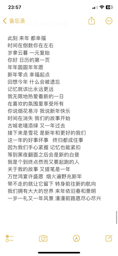 冬日幸福序章 新年文案.
此刻 来年 都幸福
时间在倒数你在左右
岁聿云暮 一元复始
你好 日历的第一页
年年圆圆年年愿
新年零点 幸福起点
回想今年 什么会被遗忘
记忆就该比永远更远
我无限地热爱着新的一日
在喜欢…