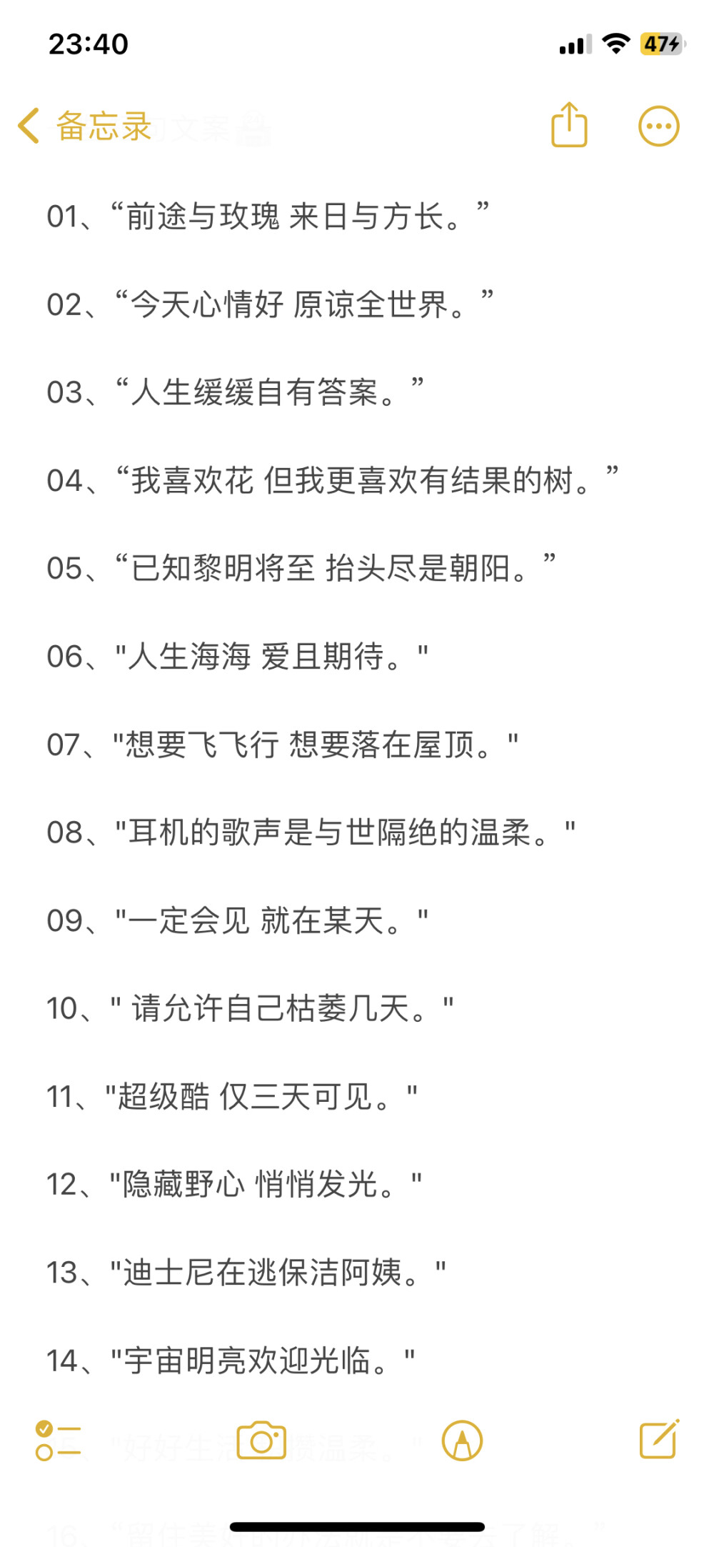 一些短句文案.
?
01、“前途与玫瑰?来日与方长?！?
?
02、“今天心情好?原谅全世界?！?
?
03、“人生缓缓自有答案。”?
?
04、“我喜欢花?但我更喜欢有结果的树。”?
?
05、“已知黎明将至?抬头尽是朝阳?！?
?
06、"人生海海?爱且期待。"?
?
07、"想要飞飞行?想要落在屋顶。"?
?
08、"耳机的歌声是与世隔绝的温柔。"?
?
09、"一定会见?就在某天。"?
?
10、"?请允许自己枯萎几天。"?
?
11、"超级酷?仅三天可见。"?
?
12、"隐藏野心?悄悄发光。"?
?
13、"迪士尼在逃保洁阿姨。"?
?
14、"宇宙明亮欢迎光临。"?
?
15、"好好生活?积攒温柔。"?
?
16、“留住美好的办法就是不要去了解?！?
?
17、“所以什么才是疲惫生活中的解药呢?！?
?
18、“偶尔摆烂，经常偶尔。”?
?
19、“今日体验闲人生活。”?
?
20、“幸福没有标准答案?！? id=