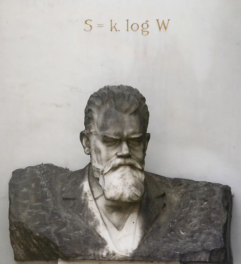 奥地利物理学家玻尔兹曼（1844-1906）胸像，上方是熵的定义。被观测的宇宙总会处于几乎是不可能的高度不平衡状态，因为只有这样的状态随机出现后，大脑才能得以存在以便观察宇宙。而对于玻尔兹曼的“玻尔兹曼宇宙”假说有这样一种意见：热力学涨落最普遍的情况总体上来说都是尽可能接近平衡态的；因此，不管以怎样合理的准则判断，在玻尔兹曼宇宙中，被无数邻近恒星包围的人脑的数量都会被孤独存在于空洞宇宙中的“玻尔兹曼大脑”的数量远远超过。