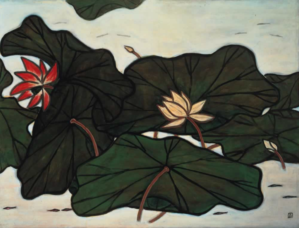 荷花与红鱼
1950s，纤维板油画，94 x 125 cm
以中文及法文签于右下方
