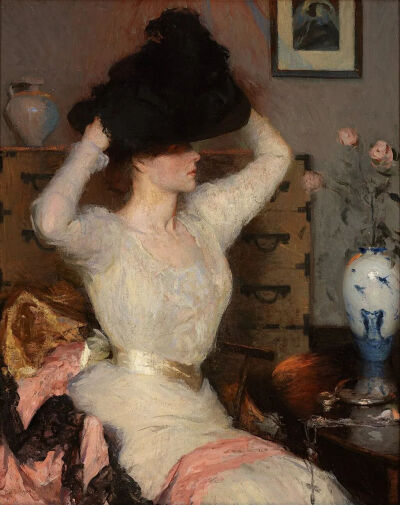 Frank Weston Benson：试戴帽子的女士，1904 年