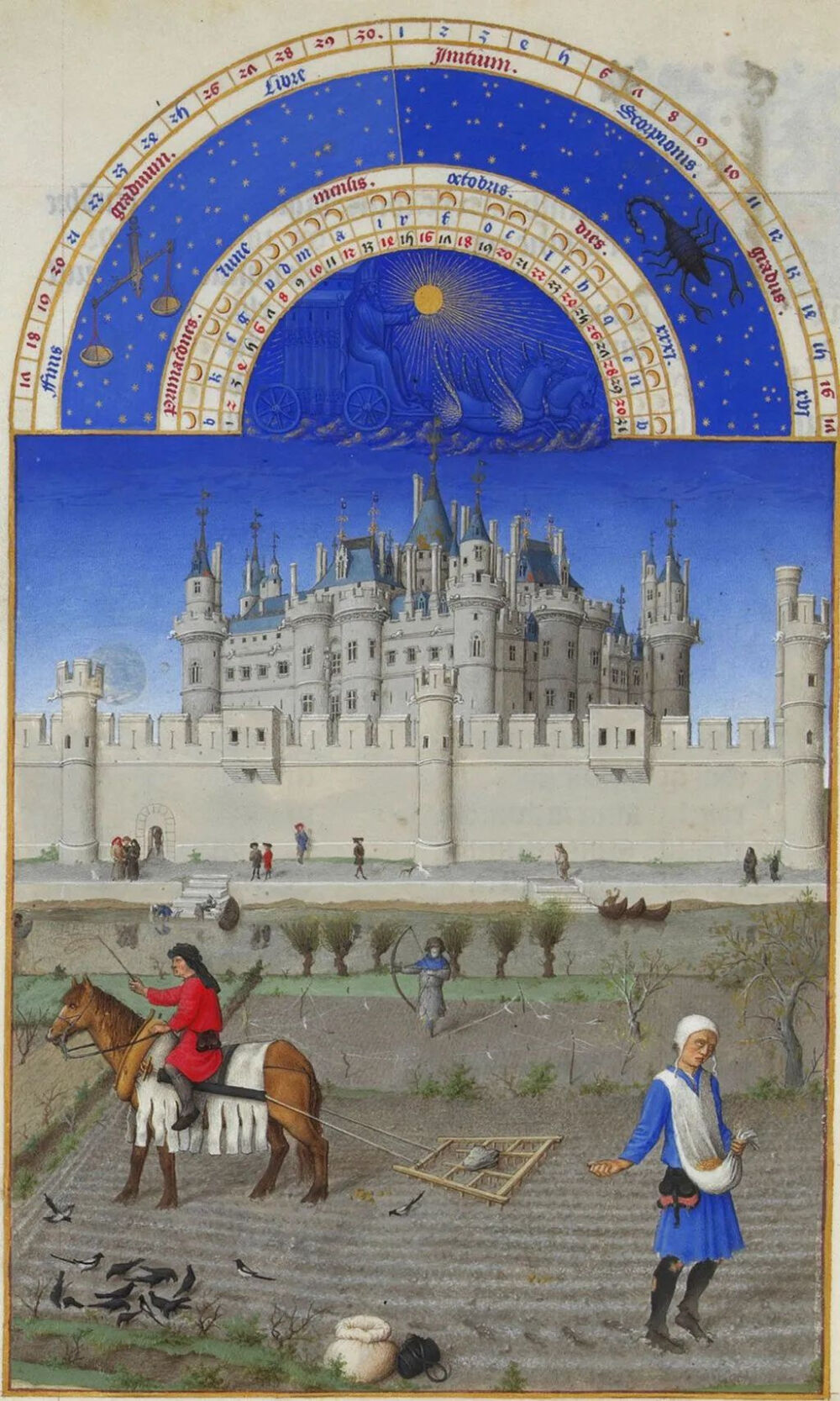 《贝里公爵的豪华时祷书》（Les Très Riches Heures du Duc de Berry）中的一匹工作马，1412-1416年。