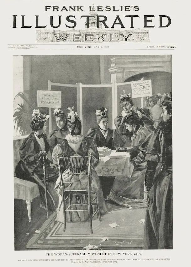 1894年5月3日《弗兰克·莱斯利画报周刊》（Frank Leslie’s Illustrated Weekly）的封面，描绘了“纽约市妇女参政运动”为制宪会议所做的请愿努力。