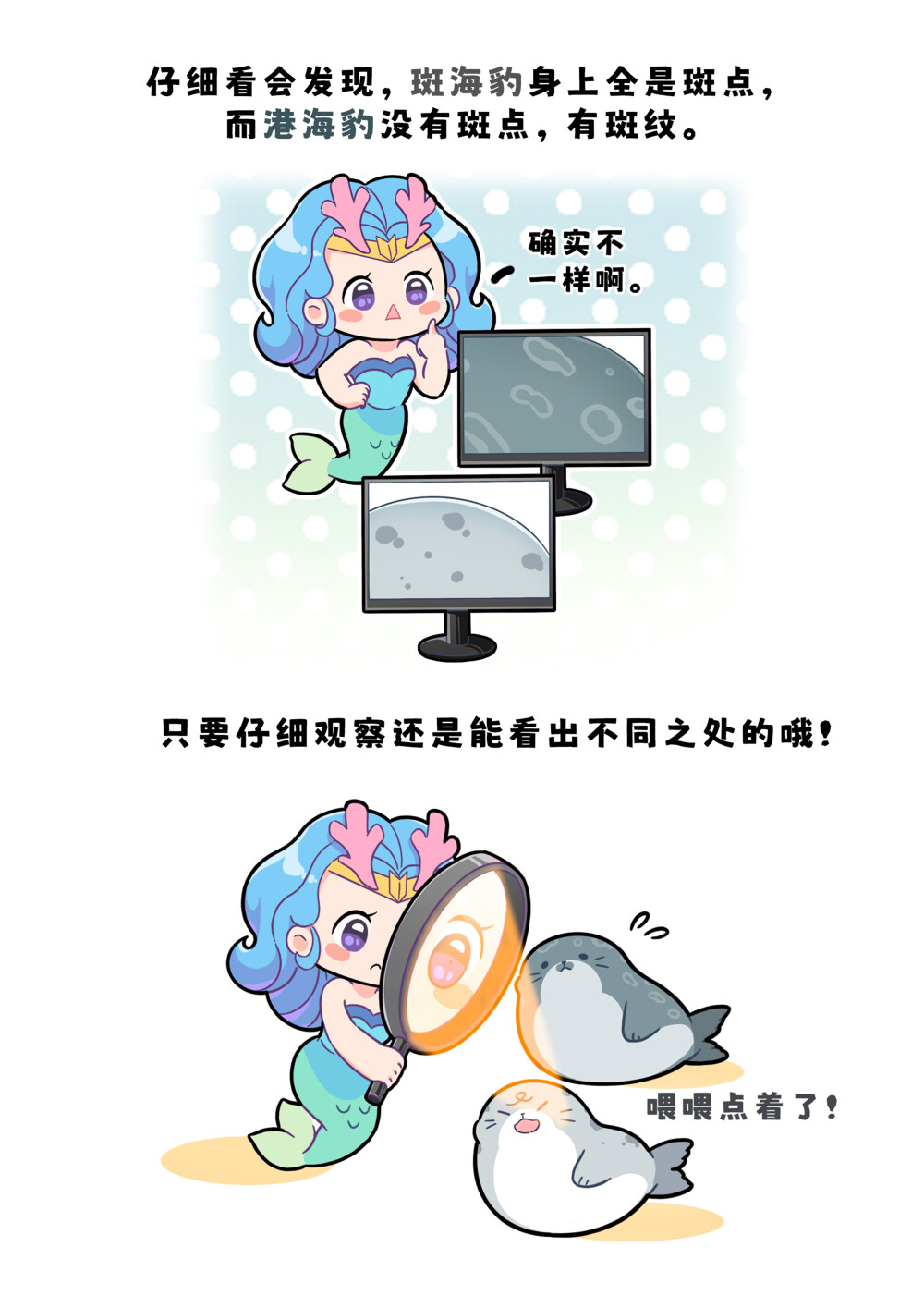 谁家幼崽保质期只有一个月？？
幼年时是白毛团子的海豹有：竖琴海豹，环斑海豹，环海豹，斑海豹，贝加尔海豹，里海海豹，灰海豹 ，其中斑海豹幼崽毛色并不算雪白，而且有点杂乱，一个月之后就会开始长斑点。
斑海豹幼崽刚生下时，体长在77~92cm之间，体重约7~12kg。
等到海豹成年以后，毛色会有较明显分别，但是也有看起来比较相似的，比如斑海豹和港海豹。仔细看会发现，斑海豹身上全是斑点，而港海豹身上没有斑点，有斑纹。#巴蒂和她的朋友们#拥抱自然开心每一程#巴蒂魔法学院#原创漫画 #科普#海洋