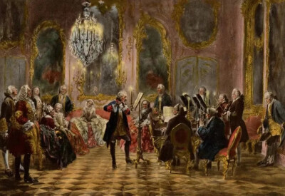 《腓特烈大帝在无忧宫演奏长笛》
（Concert for flute with Frederick the Great in Sanssouci）1852年
油彩‧布面142 x 205 cm
老国家艺术画廊，柏林（Berlin），德国
