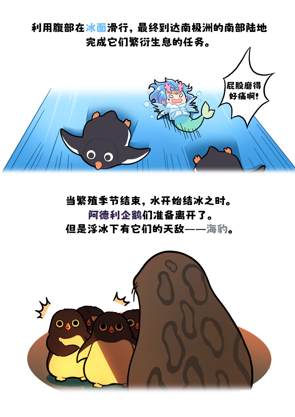 年轻企鹅不讲武德，耗子尾汁！
阿德利企鹅大多数都在浮冰上生活，并且它们都会在浮冰上过冬。
每年春天从大洋返回陆地，攀岩石，跳冰层，利用腹部在冰面滑行，最终到达南极洲的南部陆地完成它们繁衍生息的任务。
当繁殖季节结束，水开始结冰之时，阿德利企鹅们就准备离开了。但是浮冰下有它们的天敌——海豹。这时企鹅们就会等待看谁第一个从冰上跳下去。
当有企鹅跳下去时，其他企鹅会迅速跳下去,总会有一小部分企鹅被海豹捉到,当海豹带着猎物离开时，其他企鹅就有时间跳上浮冰逃走了。
#巴蒂和她的朋友们#拥抱自然开心每一程#巴蒂魔法学院#原创漫画 #科普#海洋