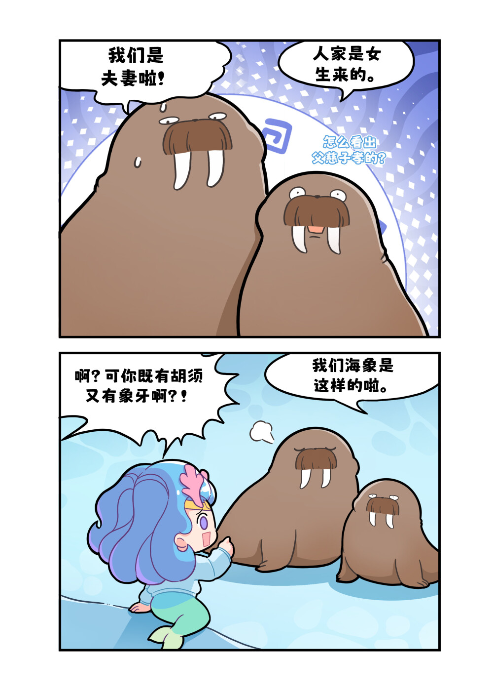 谁说牙齿只能用来干饭！
雌性海象有没有象牙呢?答案是——有的。
海象的象牙是其重要生活工具，能从淤泥中挖食物、自卫争斗、凿冰洞呼吸，爬上海冰时还能辅助将身躯拖上来。但是如果海象患上了牙髓炎，象牙就会脱落。 #巴蒂和她的朋友们#拥抱自然开心每一程#巴蒂魔法学院#原创漫画 #科普#海洋