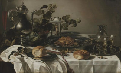 Pieter Claesz ：宴会静物与水罐和面包，1641年，弗朗西斯·雷曼·洛布艺术中心