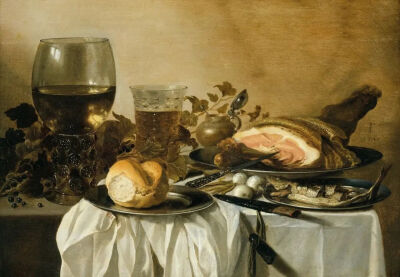 Pieter Claesz ：有火腿、红鲱鱼和啤酒的静物，1647年，不来梅艺术博物馆