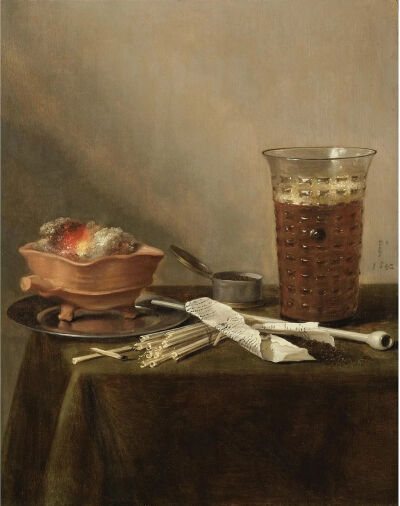 Pieter Claesz ：有火盆、一杯啤酒、陶土烟斗的静物，1642年，私人收藏