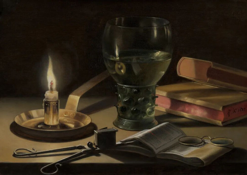 Pieter Claesz：静物与点燃的蜡烛，1627 年，莫瑞泰斯皇家美术馆