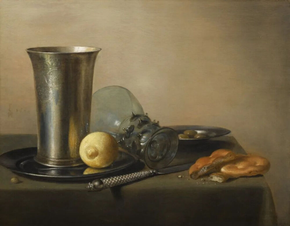 Pieter Claesz ：有银杯、柠檬、面包和伯克迈尔的静物，1632年，私人收藏