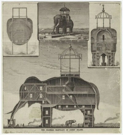 《康尼岛上的巨象》（The Colossal Elephant of Coney Island）插图，来自《科学美国人》（Science American）1885年某期。