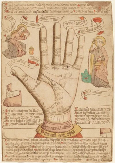 手工彩色木刻画，题为《手为救恩之镜》（The Hand as the Mirror of Salvation），1466年。