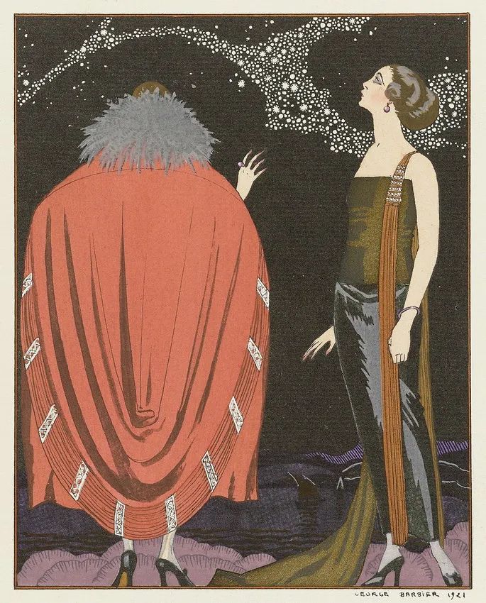 乔治·巴比尔（George Barbier），《银河》（La Voie Lactée, 1921），1921年。图中晚礼服和披肩为沃斯时装屋成衣（译者注：House of Worth，法国著名高级时装工作室，本图为该品牌宣传图）。© wikimedia