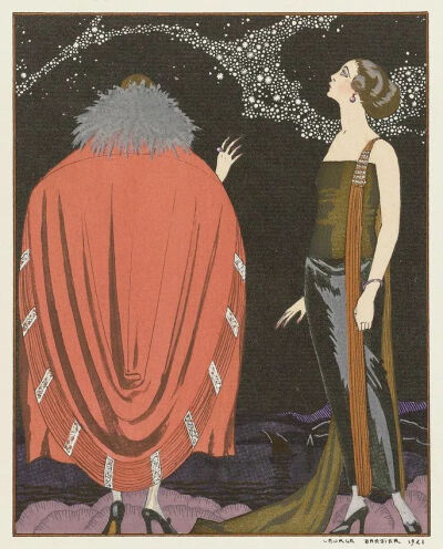 乔治·巴比尔（George Barbier），《银河》（La Voie Lactée, 1921），1921年。图中晚礼服和披肩为沃斯时装屋成衣（译者注：House of Worth，法国著名高级时装工作室，本图为该品牌宣传图）。© wikimedia