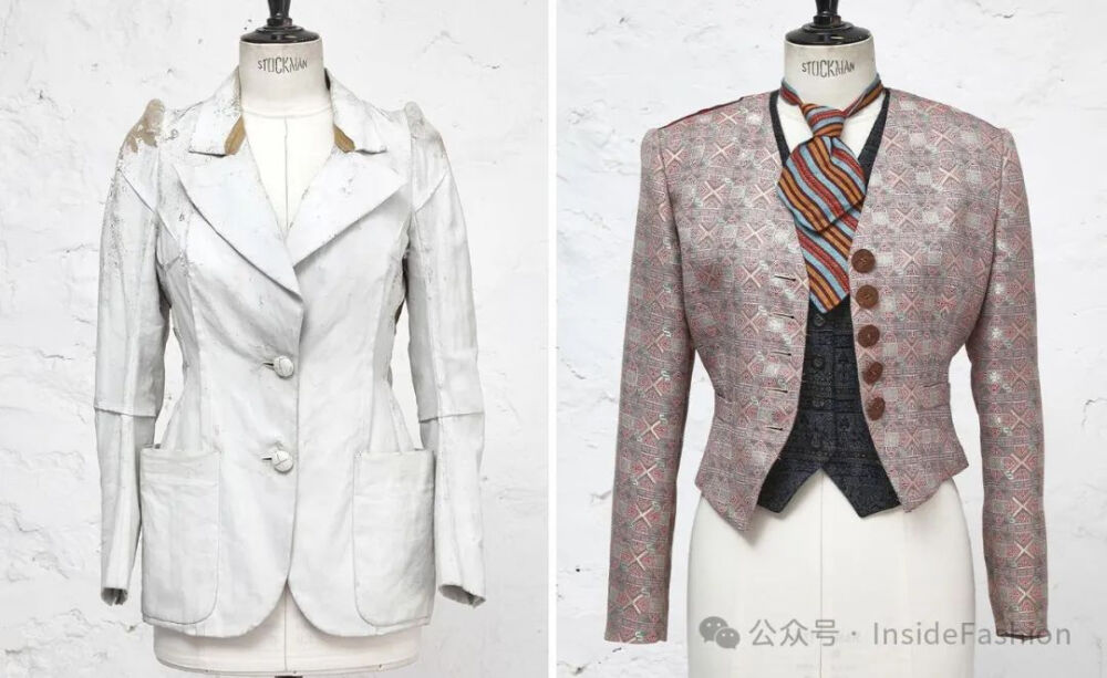 左图：Maison Martin Margiela 1990春夏系列，一件彩绘帆布西装外套
右图：Maison Martin Margiela 1988年出品的极为罕见的夹克、马甲和领带
