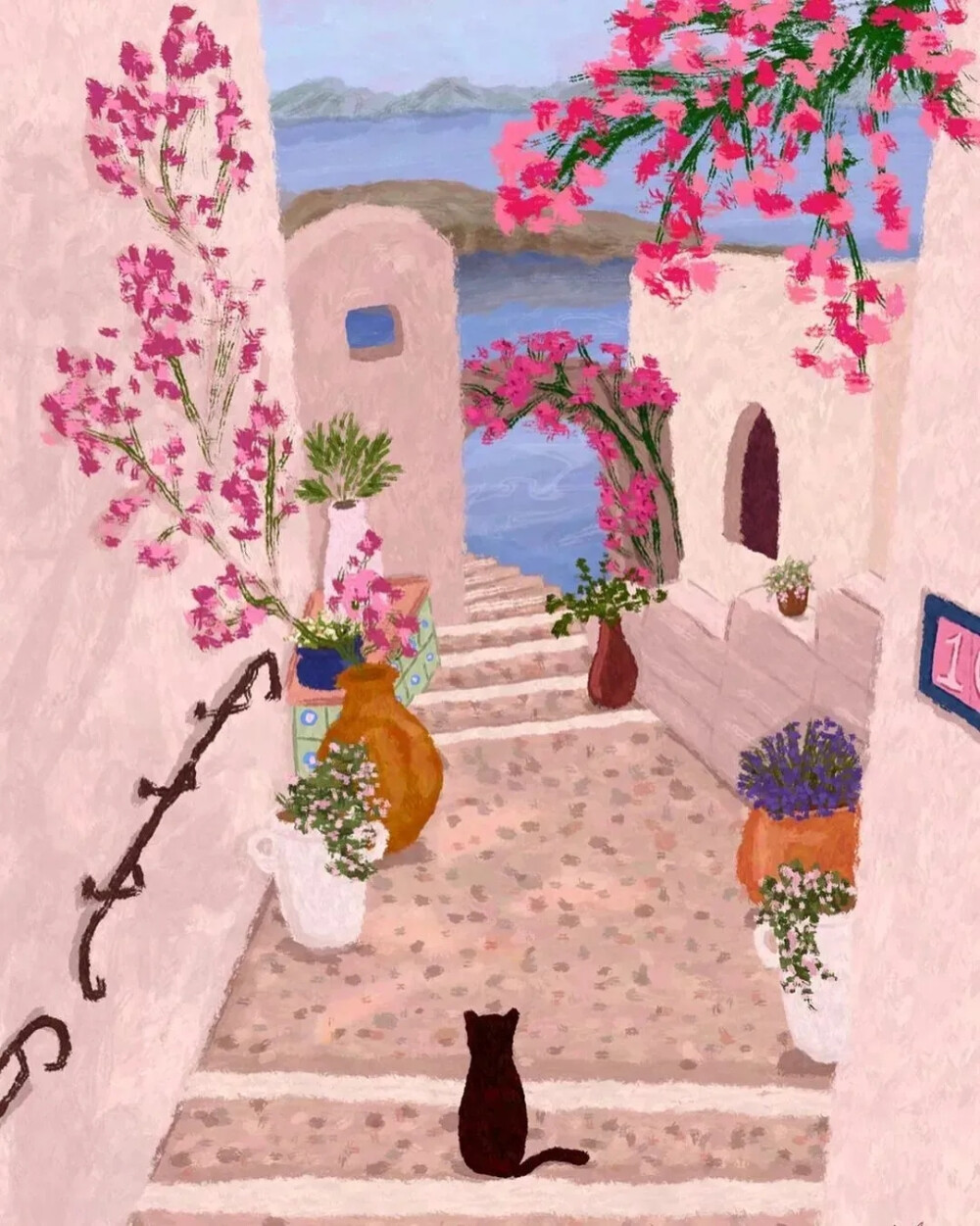 Isobelle Holloway来自英国西南部，现居于萨默塞特，从小热爱绘画，后将这份热爱转化为事业。她专注于描绘世界各地的城市街景与自然风景，如阿马尔菲海岸、阿姆斯特丹街道、凯法利尼亚岛等，通过独特视角和色彩运用，捕捉这些地点的精髓。偏爱柔和色彩，以粉色、蓝色为主，营造出温馨清新的氛围，使作品充满浪漫气息。她的作品笔触细腻，无论是城市建筑的纹理，还是自然风景中的一草一木，都刻画得十分精致，让画面富有质感。