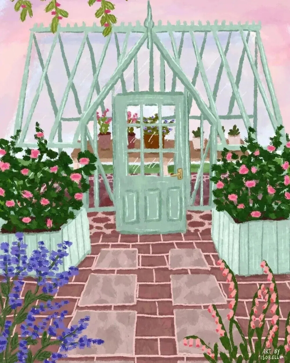 Isobelle Holloway来自英国西南部，现居于萨默塞特，从小热爱绘画，后将这份热爱转化为事业。她专注于描绘世界各地的城市街景与自然风景，如阿马尔菲海岸、阿姆斯特丹街道、凯法利尼亚岛等，通过独特视角和色彩运用，捕捉这些地点的精髓。偏爱柔和色彩，以粉色、蓝色为主，营造出温馨清新的氛围，使作品充满浪漫气息。她的作品笔触细腻，无论是城市建筑的纹理，还是自然风景中的一草一木，都刻画得十分精致，让画面富有质感。