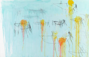 Lepanto III,2001,Acrylic,

wax crayon and graphite on canvas,215.9x334cm

