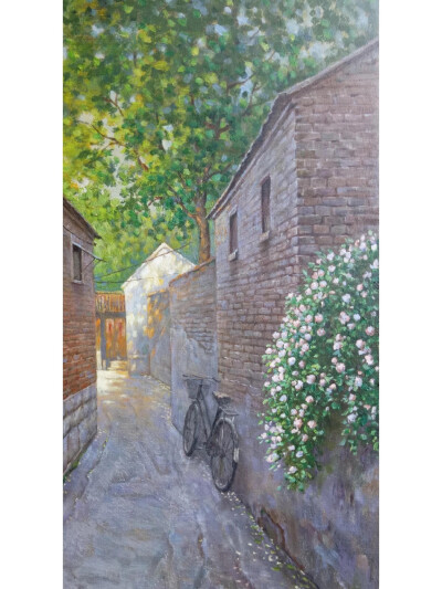  走进小巷。斑驳砖墙，刻着时光的密码。
一辆旧单车，静静停靠，似在回忆往昔。
藤蔓缠绕，花朵轻颤，阳光洒落，满是岁月余温。