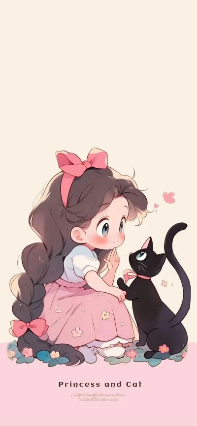 少女 猫咪 插画 壁纸