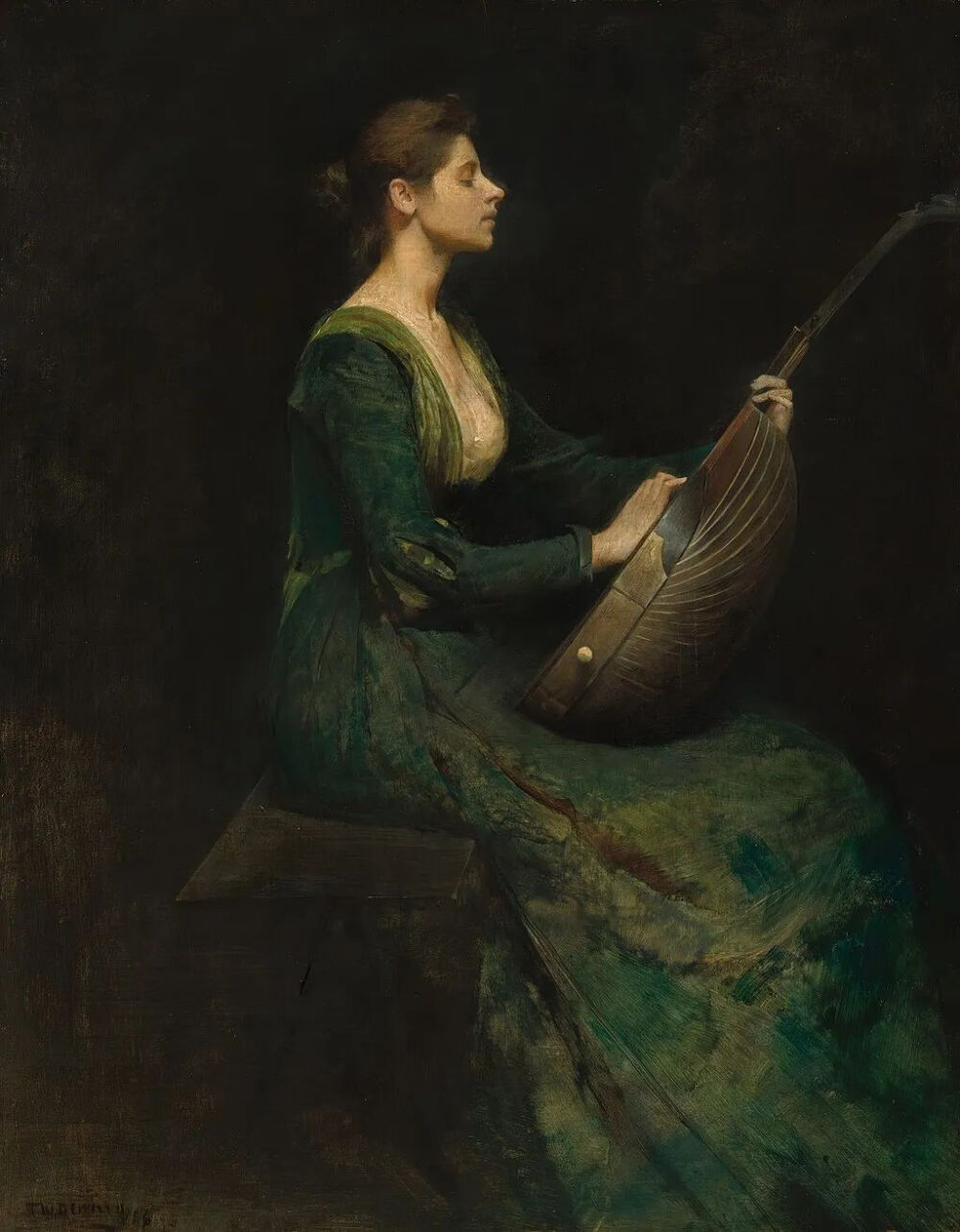 Thomas Wilmer Dewing：持琵琶的女子，1886年，美国国家美术馆