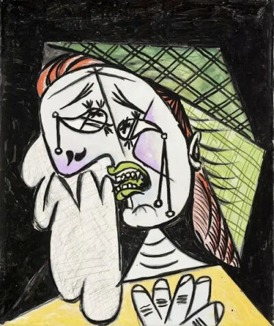 
Pablo Ruiz Picasso：拿手帕哭泣的女人，1937年
