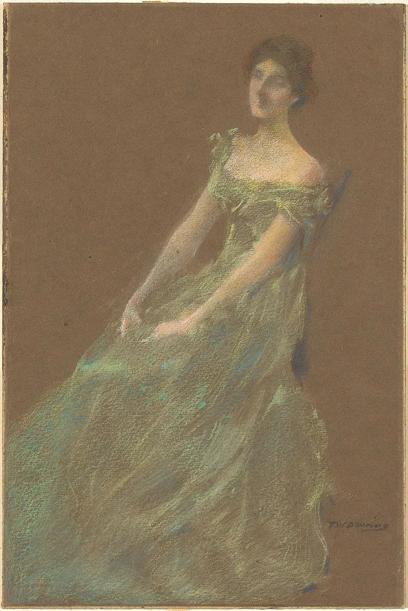 Thomas Wilmer Dewing：绿色连衣裙，约 1910 年，美国国家美术馆