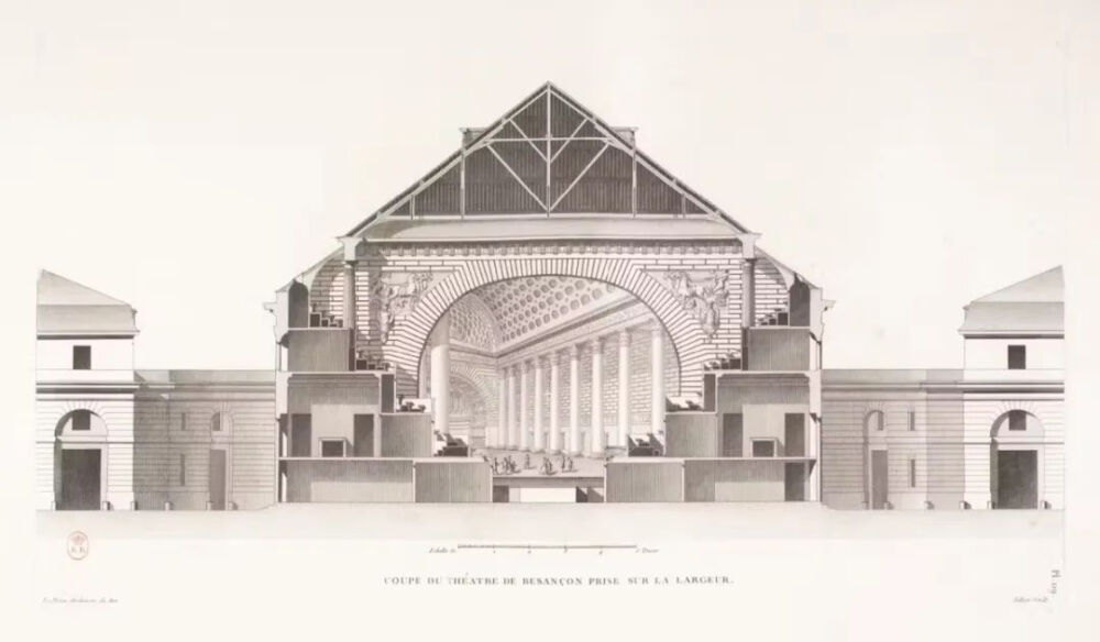 法国贝桑松剧院（Théâtre de Besançon）的剖面蚀刻画，克洛德-尼古拉·勒杜绘制，选自其1804年出版的《从艺术、道德与法律角度看建筑》（L’architecture considérée sous le rapport de l’art, des moeurs et de la législation）。© gallica.bnf.fr