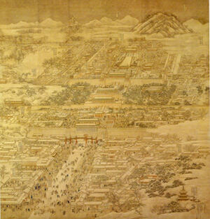 1767年的清朝首都京城，一年之后发生了叫魂大恐慌。这张画来自宫廷画家徐阳，画中有城市的南北轴，北至煤山，南经包括天安门的紫禁城，直至画面最下方位于商业地区中心的正阳门。

