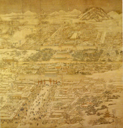 1767年的清朝首都京城，一年之后发生了叫魂大恐慌。这张画来自宫廷画家徐阳，画中有城市的南北轴，北至煤山，南经包括天安门的紫禁城，直至画面最下方位于商业地区中心的正阳门。
