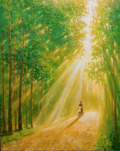  在葱郁的林间，阳光如碎金般洒落。他载着她，骑行在蜿蜒小道。风扬起她的发丝，拂过他的脸庞。
那一刻，世界仿佛只有彼此的心跳与车轮转动声。青春里的爱情，简单纯粹，就像这林间阳光，温暖而明亮。
即…