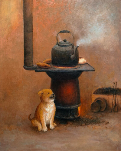  暖炉烧得正旺，橘红色的火光跳跃，映红了周围的一切。铁壶像是被赋予了生命，发出欢快的声响。
小狗微微眯起眼睛，享受着这难得的温暖，偶尔还惬意地摇摇尾巴。红薯的香气，混合着淡淡的烟火味，在空气中弥…