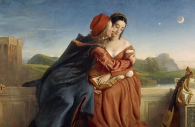 画家威廉·戴斯（William Dyce）笔下的保罗与弗朗西斯卡，请注意画面最左侧的手，暗示保罗的兄弟基奥云尼将揭发奸情。1837年。