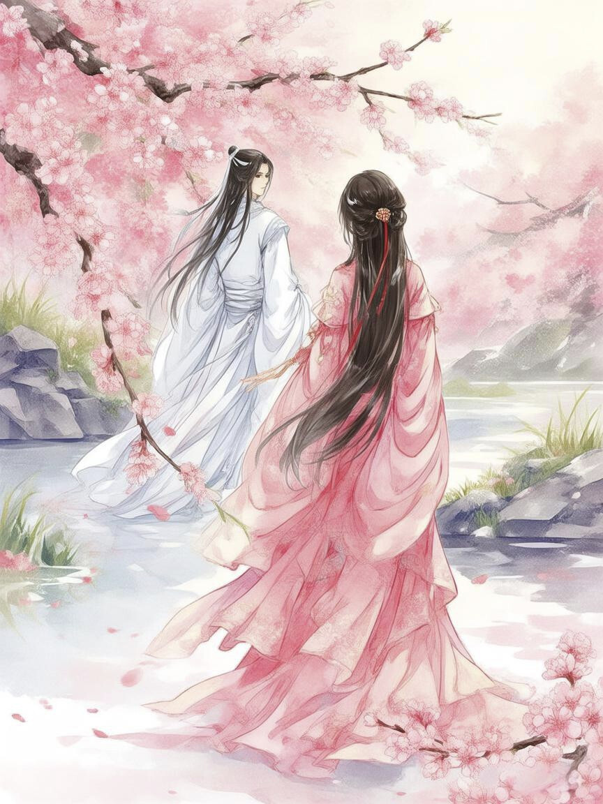 古风男女，初遇，桃林，花瓣，粉色