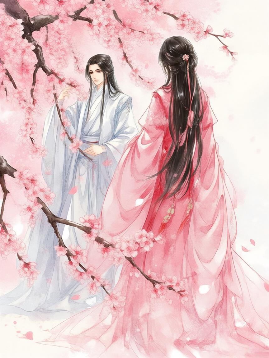 古风男女，初遇，桃林，花瓣，粉色