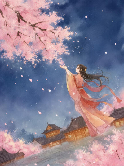 樱花雨，手捧花瓣，古风女子